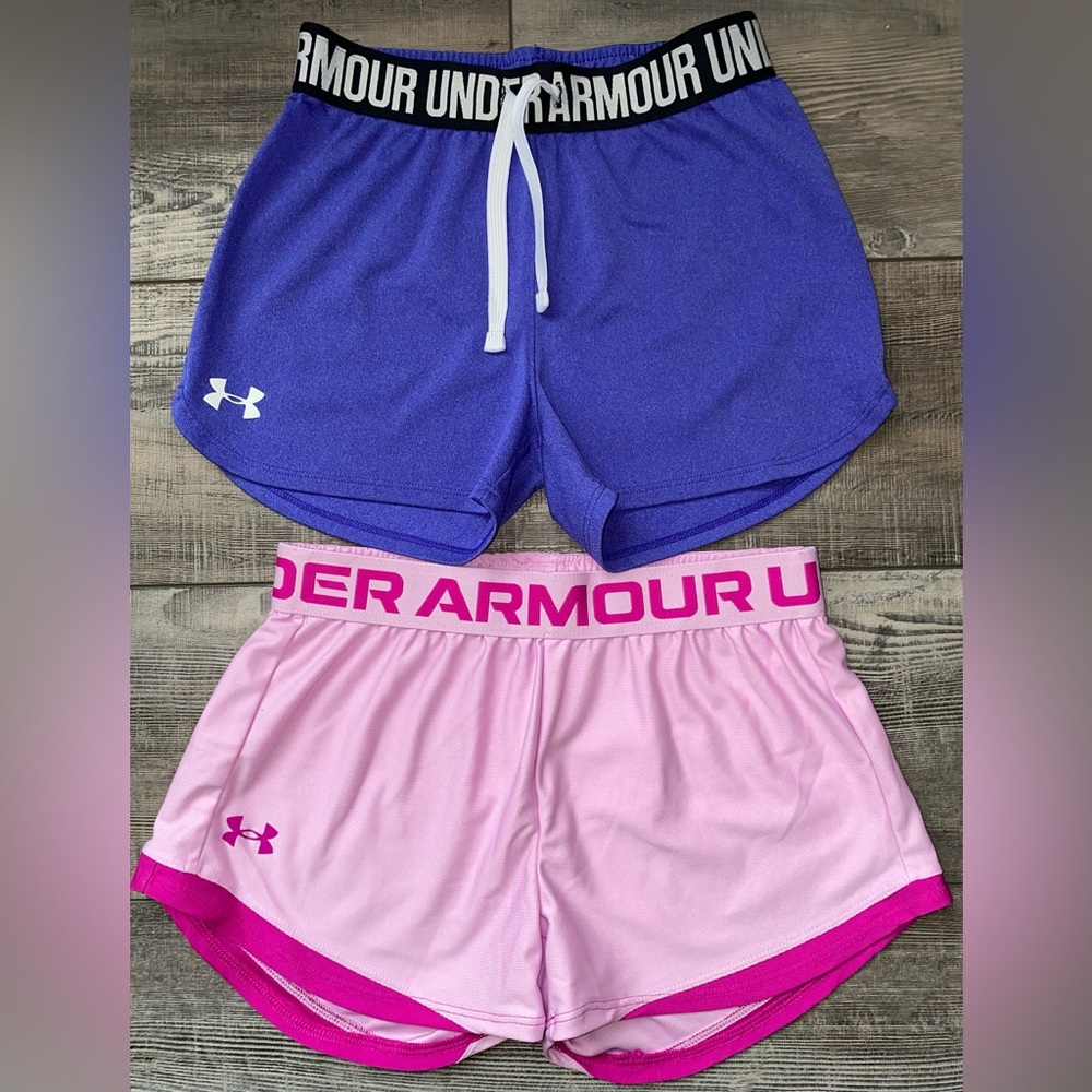 Under Armour Pink Purple Logo Athletic Sports Shorts Bundle Lot Girls Medium